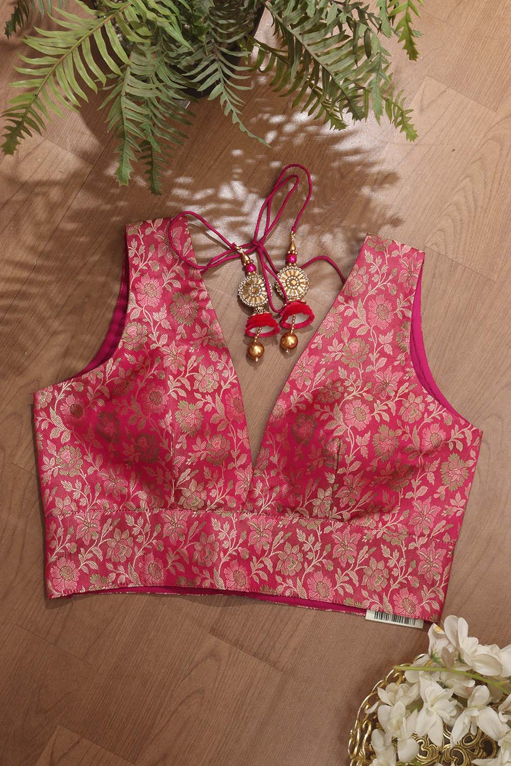 Pink Banarasi Silk Tanchui Jamawar Meenakari Deep V Neck Sleeveless Padded Stitched Blouse - Luxurion World