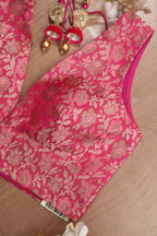 Pink Banarasi Silk Tanchui Jamawar Meenakari Deep V Neck Sleeveless Padded Stitched Blouse - Luxurion World