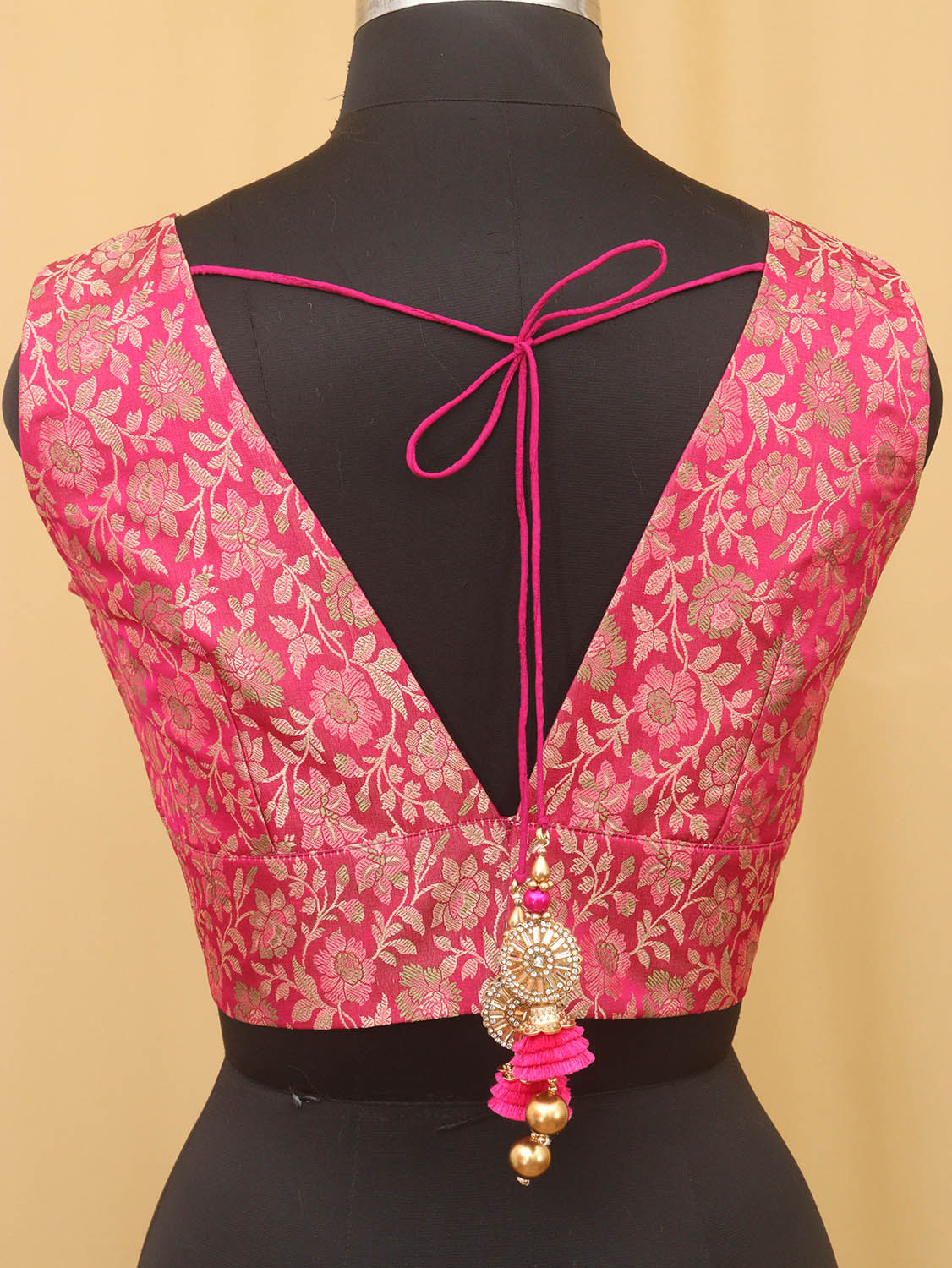 Pink Banarasi Silk Tanchui Jamawar Meenakari Deep V Neck Sleeveless Padded Stitched Blouse - Luxurion World