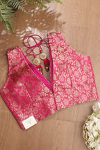 Pink Banarasi Silk Tanchui Jamawar Meenakari Deep V Neck Sleeveless Padded Stitched Blouse - Luxurion World