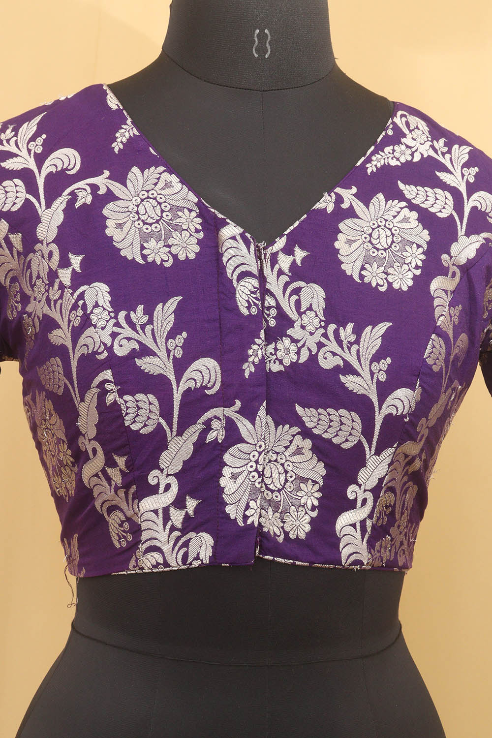 Purple Banarasi Silk V Neck Non Padded Stitched Blouse - Luxurion World