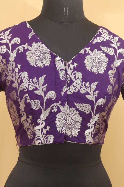 Purple Banarasi Silk V Neck Non Padded Stitched Blouse - Luxurion World