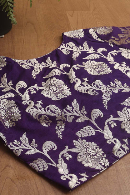 Purple Banarasi Silk V Neck Non Padded Stitched Blouse - Luxurion World