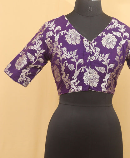Purple Banarasi Silk V Neck Non Padded Stitched Blouse - Luxurion World