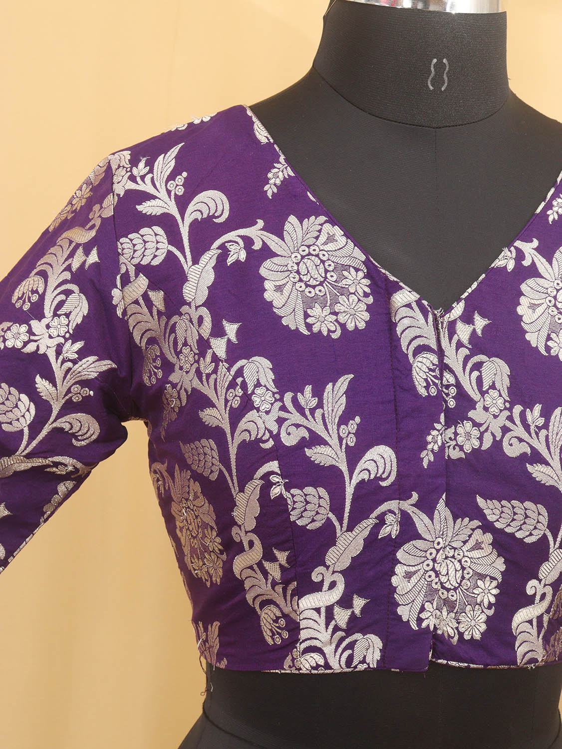 Purple Banarasi Silk V Neck Non Padded Stitched Blouse - Luxurion World