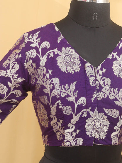 Purple Banarasi Silk V Neck Non Padded Stitched Blouse - Luxurion World