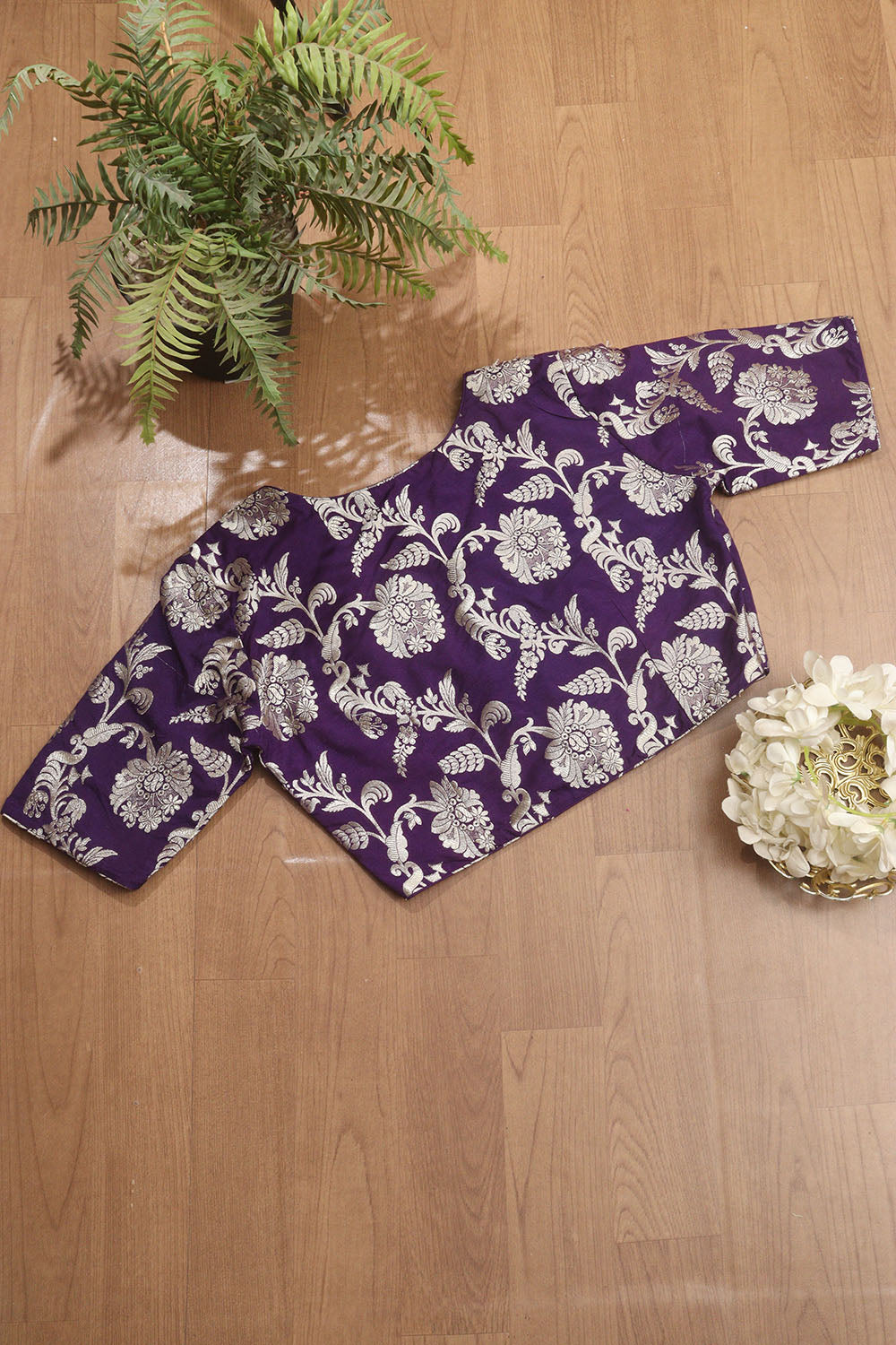 Purple Banarasi Silk V Neck Non Padded Stitched Blouse - Luxurion World