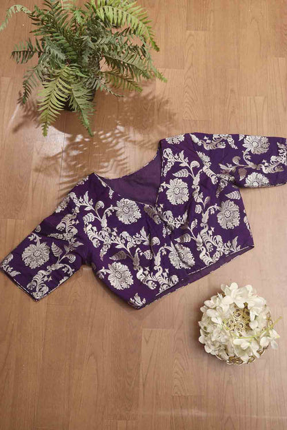 Purple Banarasi Silk V Neck Non Padded Stitched Blouse - Luxurion World