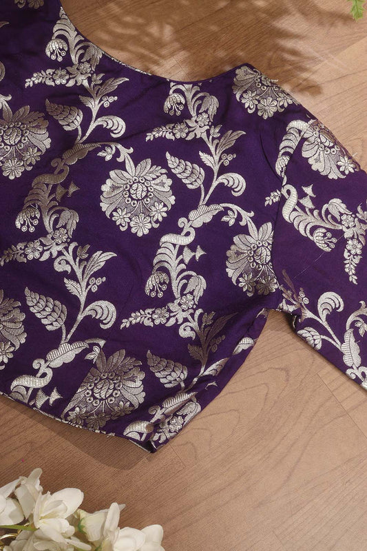 Purple Banarasi Silk V Neck Non Padded Stitched Blouse