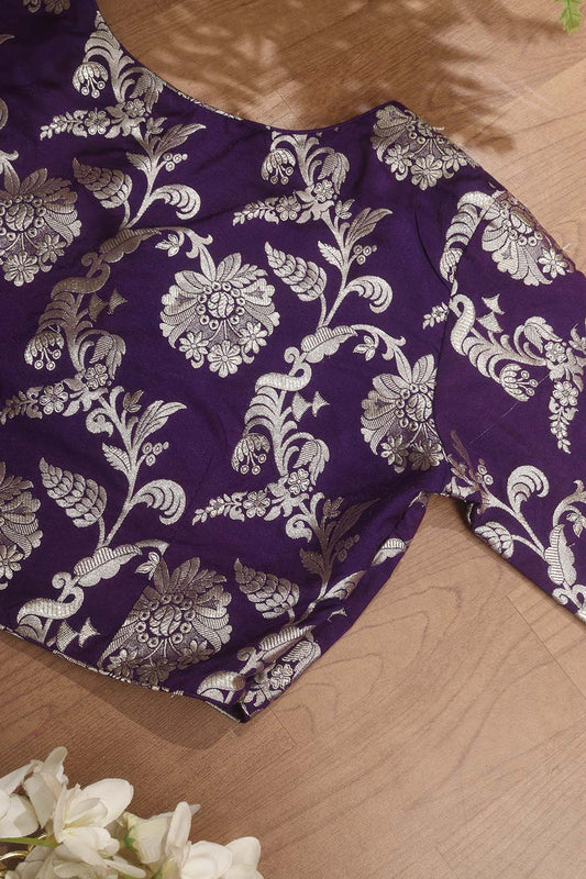 Purple Banarasi Silk V Neck Non Padded Stitched Blouse - Luxurion World