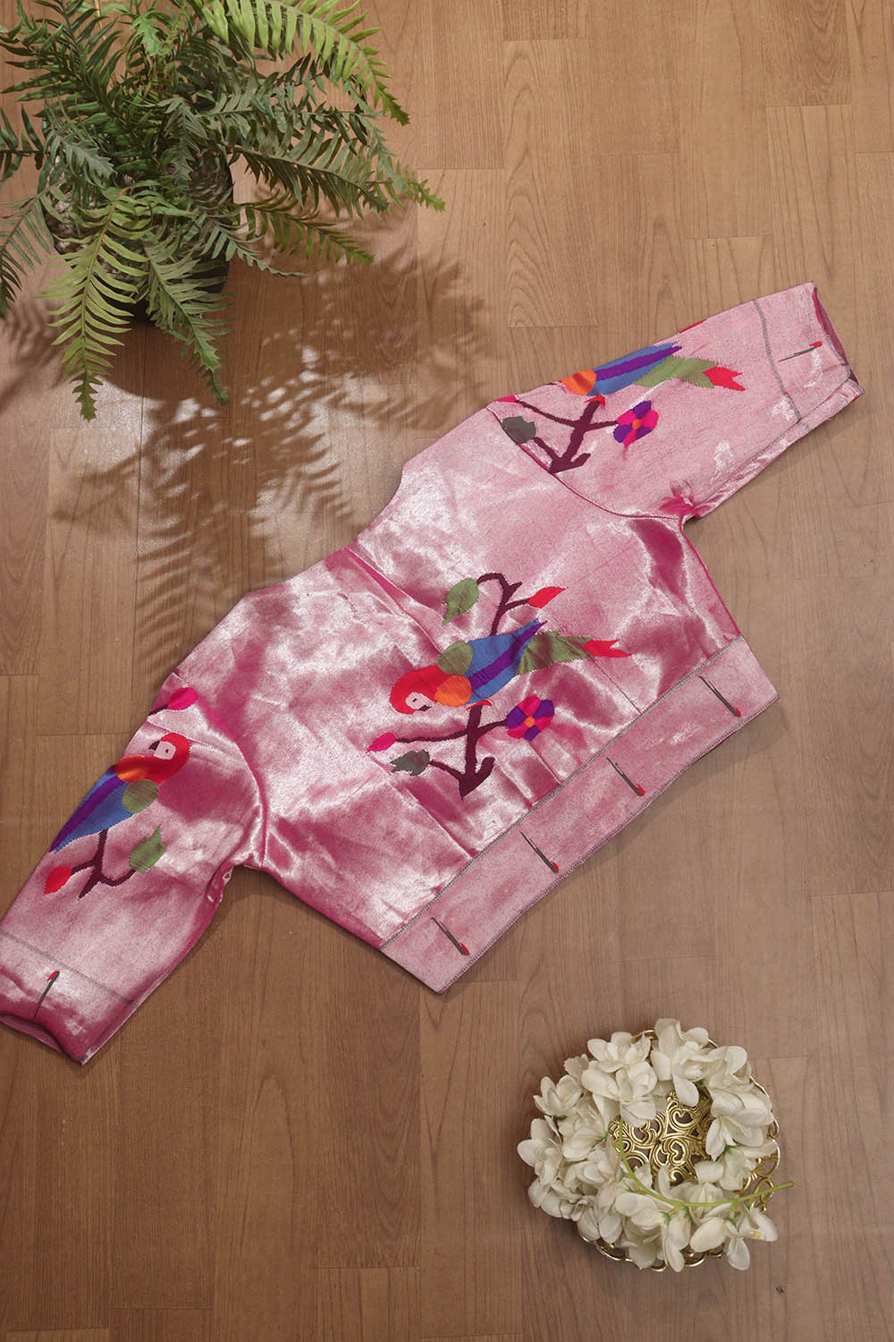 Pink Handloom Paithani Brocade Pure Tissue Silk V Neck Non Padded Parrot Design Stitched Blouse - Luxurion World