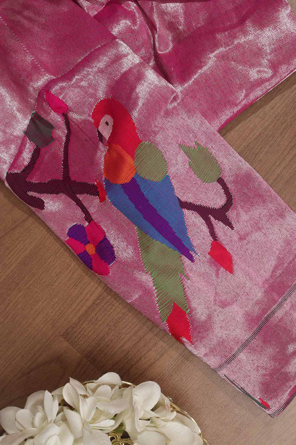 Pink Handloom Paithani Brocade Pure Tissue Silk V Neck Non Padded Parrot Design Stitched Blouse - Luxurion World