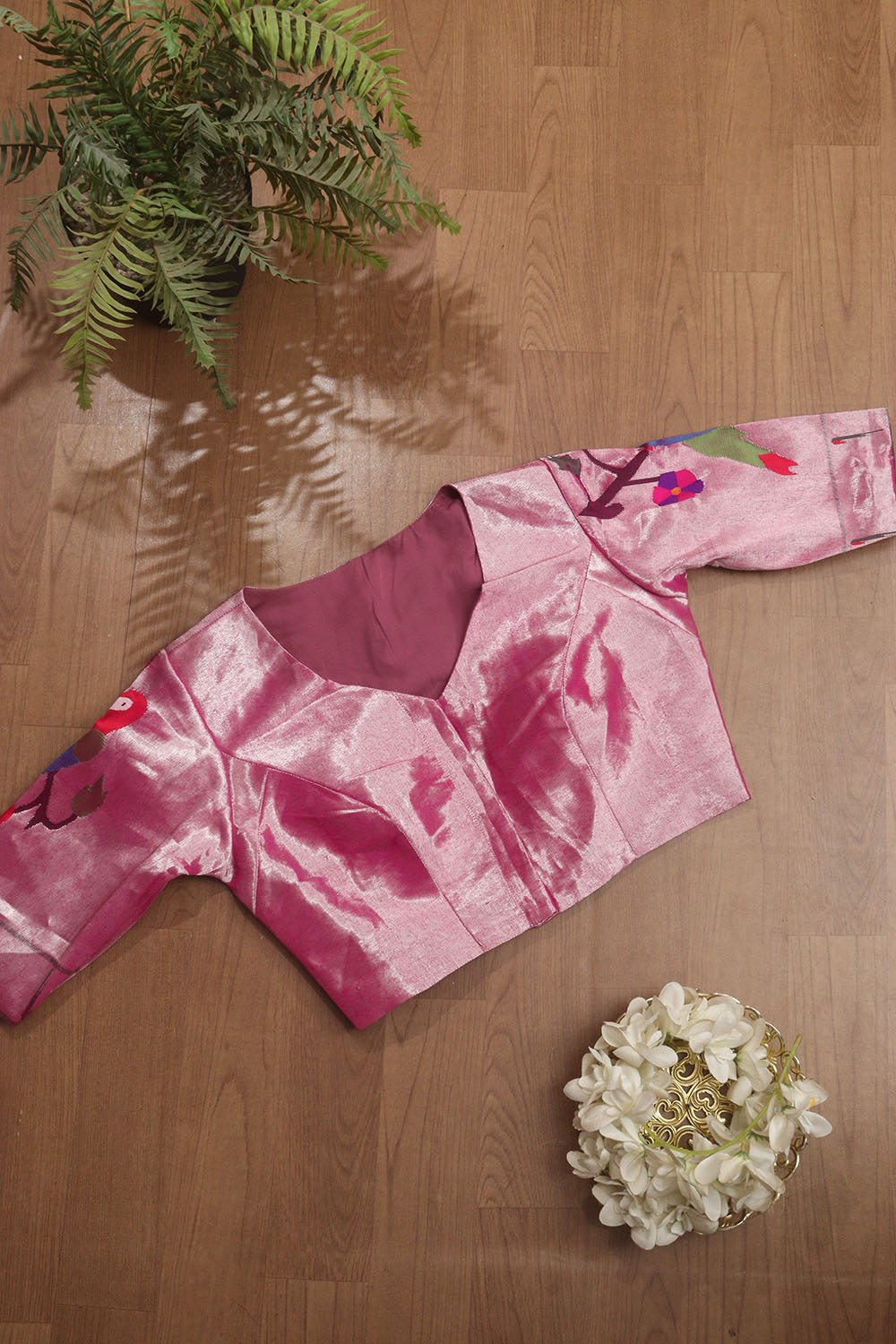 Pink Handloom Paithani Brocade Pure Tissue Silk V Neck Non Padded Parrot Design Stitched Blouse - Luxurion World