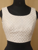 Dyeable Banarasi Polka Dot Chanderi Silk U Neck Sleeveless Non Padded Stitched Blouse with Back Knot - Luxurion World