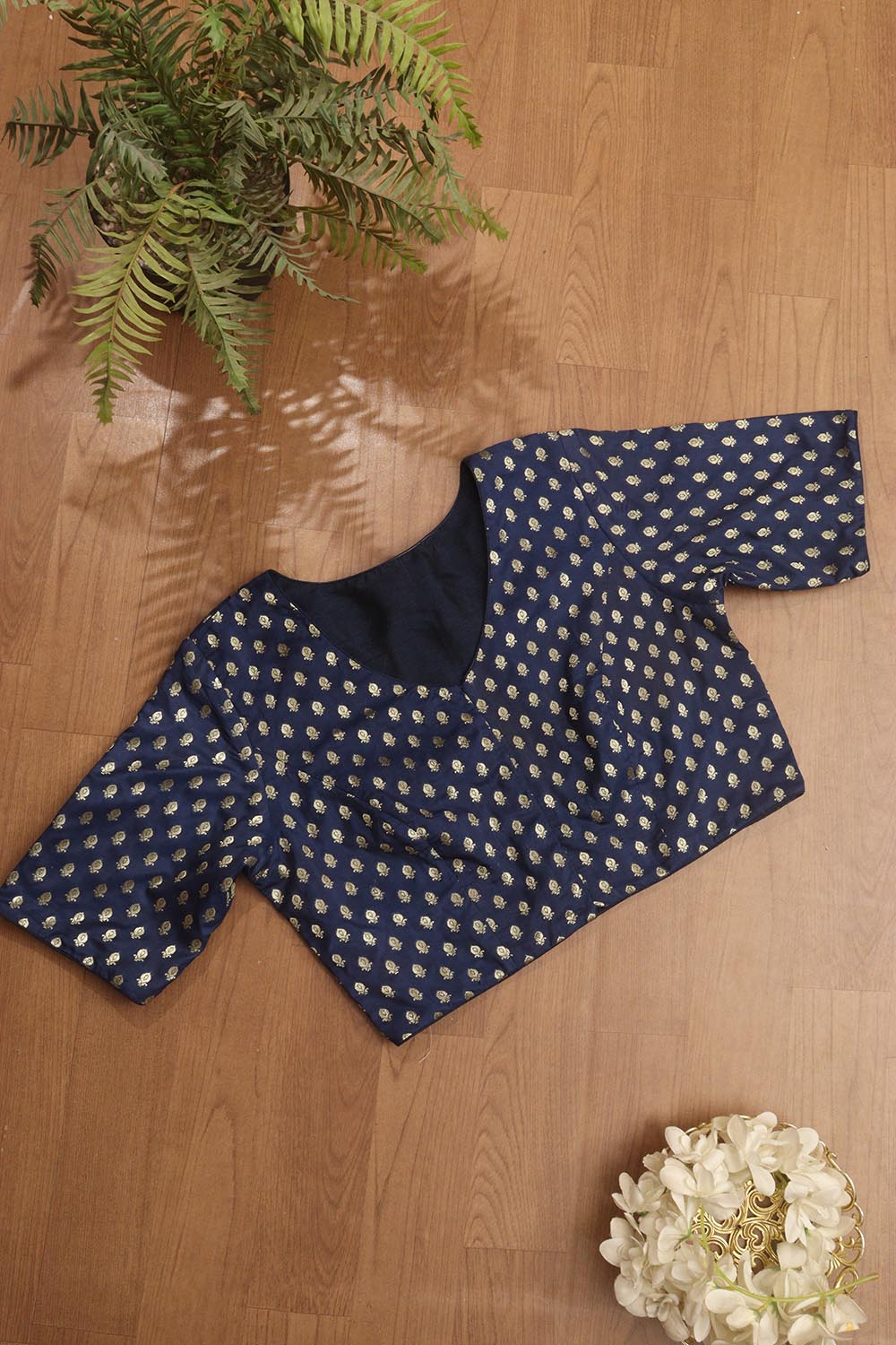 Blue Banarasi Silk Booti Design V Neck Non Padded Stitched Blouse - Luxurion World