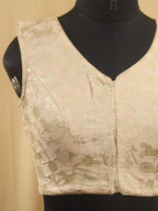 Cream Banarasi Silk Shikargha Design V Neck Non Padded Stitched Blouse - Luxurion World