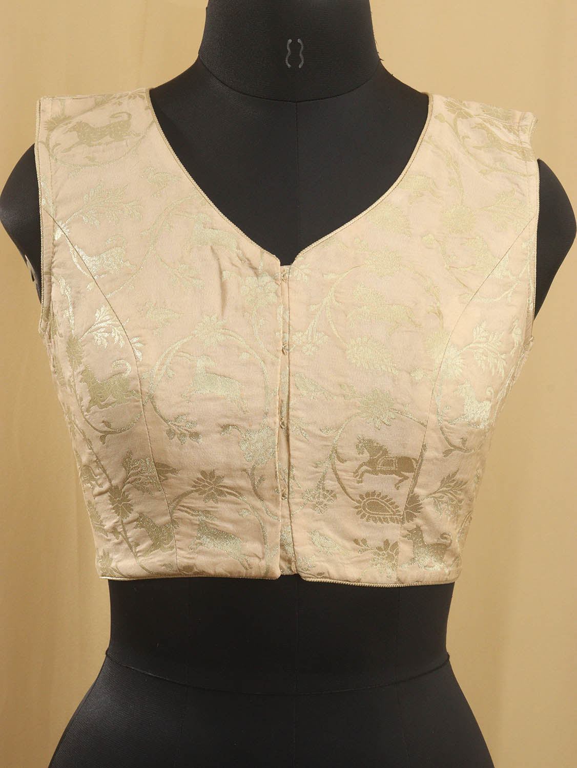 Cream Banarasi Silk Shikargha Design V Neck Non Padded Stitched Blouse - Luxurion World