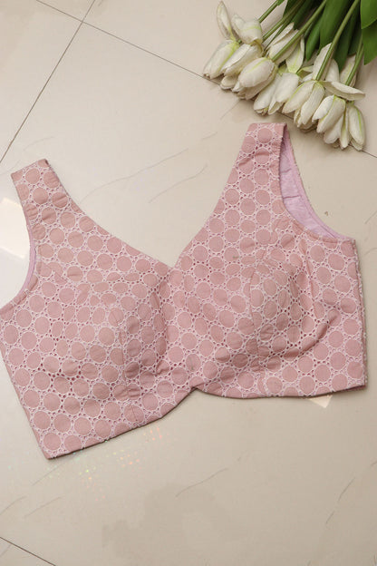 Pink Chikankari Cotton V Neck Padded Blouse - Luxurion World