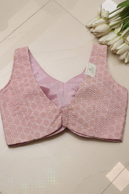 Pink Chikankari Cotton V Neck Padded Blouse - Luxurion World