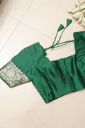 Green Plain Silk Non Padded Blouse With Banarasi Border - Luxurion World