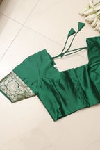 Green Plain Silk Non Padded Blouse With Banarasi Border - Luxurion World