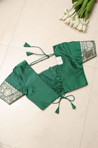 Green Plain Silk Non Padded Blouse With Banarasi Border - Luxurion World