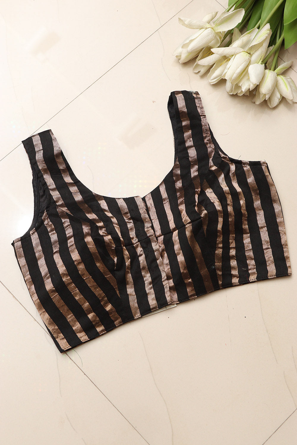 Black Banarasi Chanderi Silk Stripe Design Blouse - Luxurion World