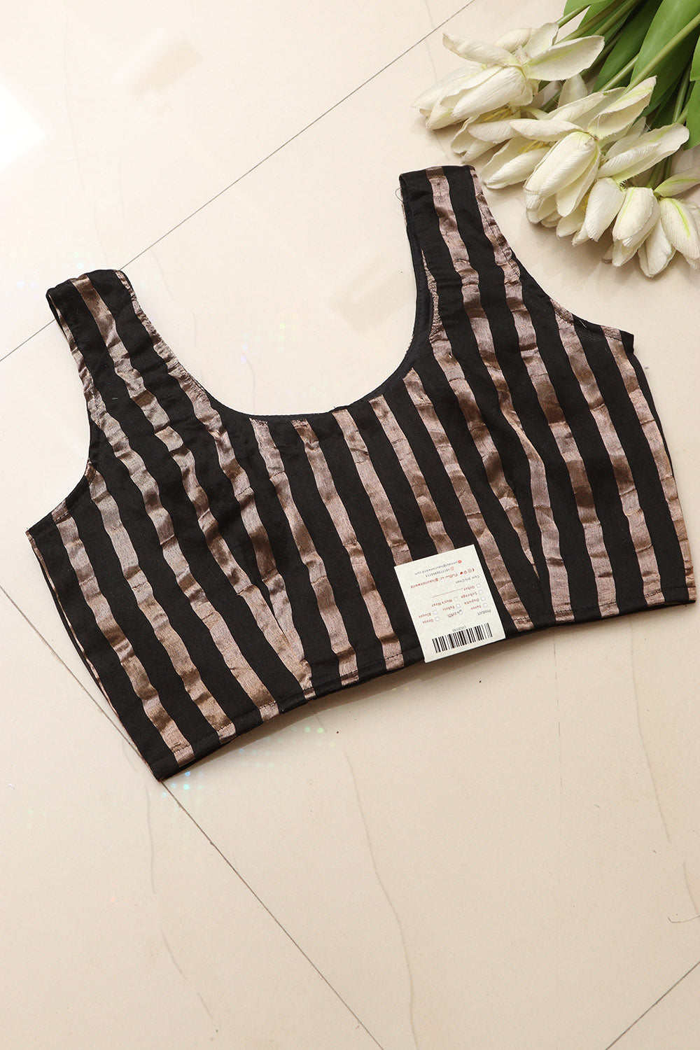 Black Banarasi Chanderi Silk Stripe Design Blouse - Luxurion World