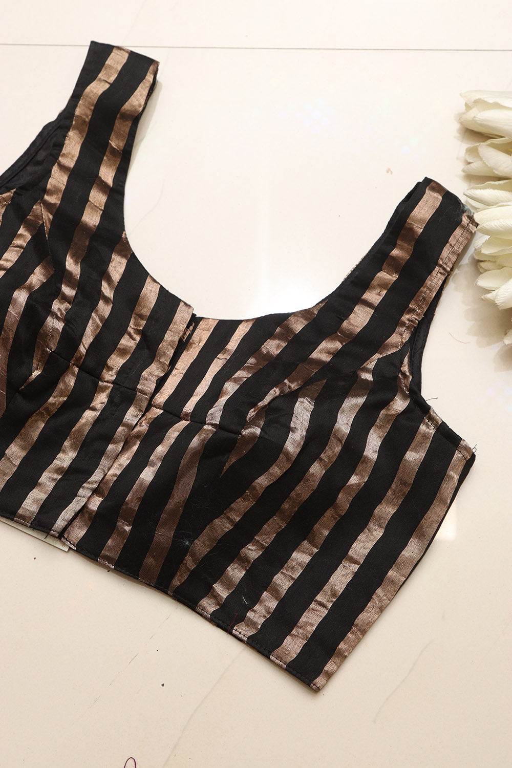 Black Banarasi Chanderi Silk Stripe Design Blouse - Luxurion World