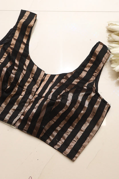 Black Banarasi Chanderi Silk Stripe Design Blouse - Luxurion World