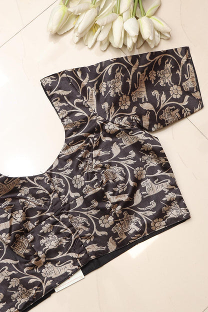 Black Shikargah Design Digital Printed Tussar Silk Blouse - Luxurion World