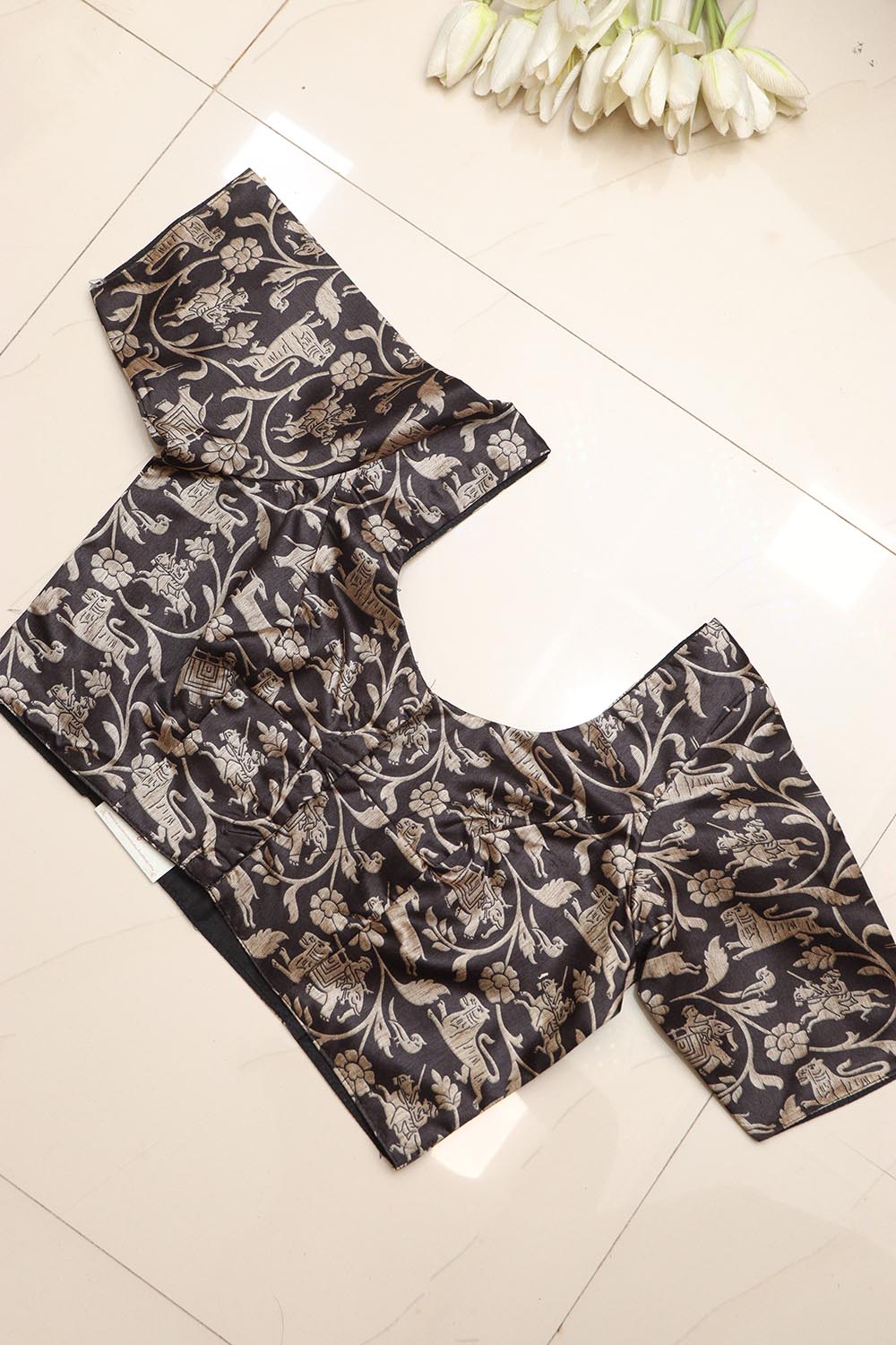 Black Shikargah Design Digital Printed Tussar Silk Blouse - Luxurion World