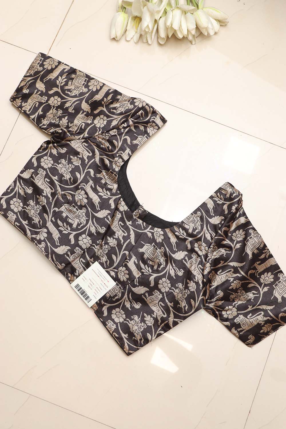 Black Shikargah Design Digital Printed Tussar Silk Blouse - Luxurion World