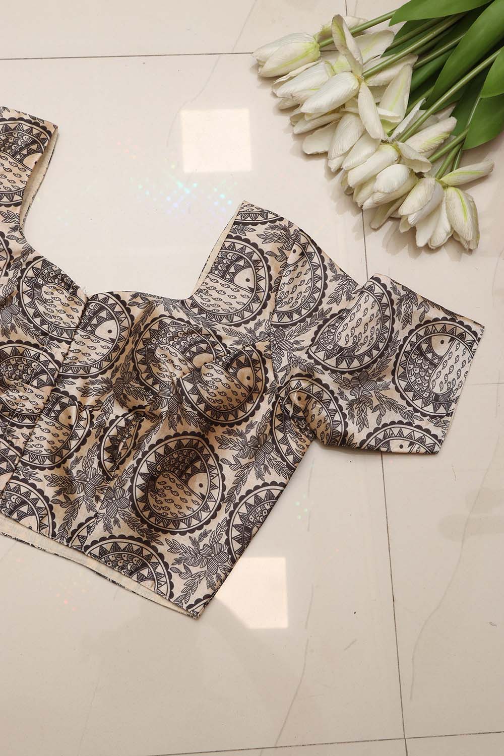 Pastel Madhubani Design Digital Printed Tussar Silk Blouse - Luxurion World