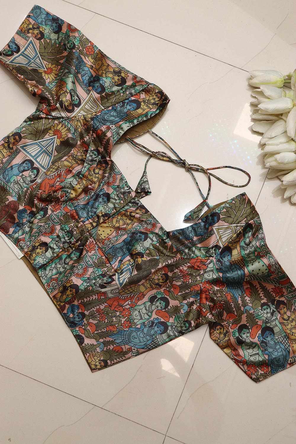 Multicolor Digital Printed Kalamkari Tussar Silk Blouse - Luxurion World