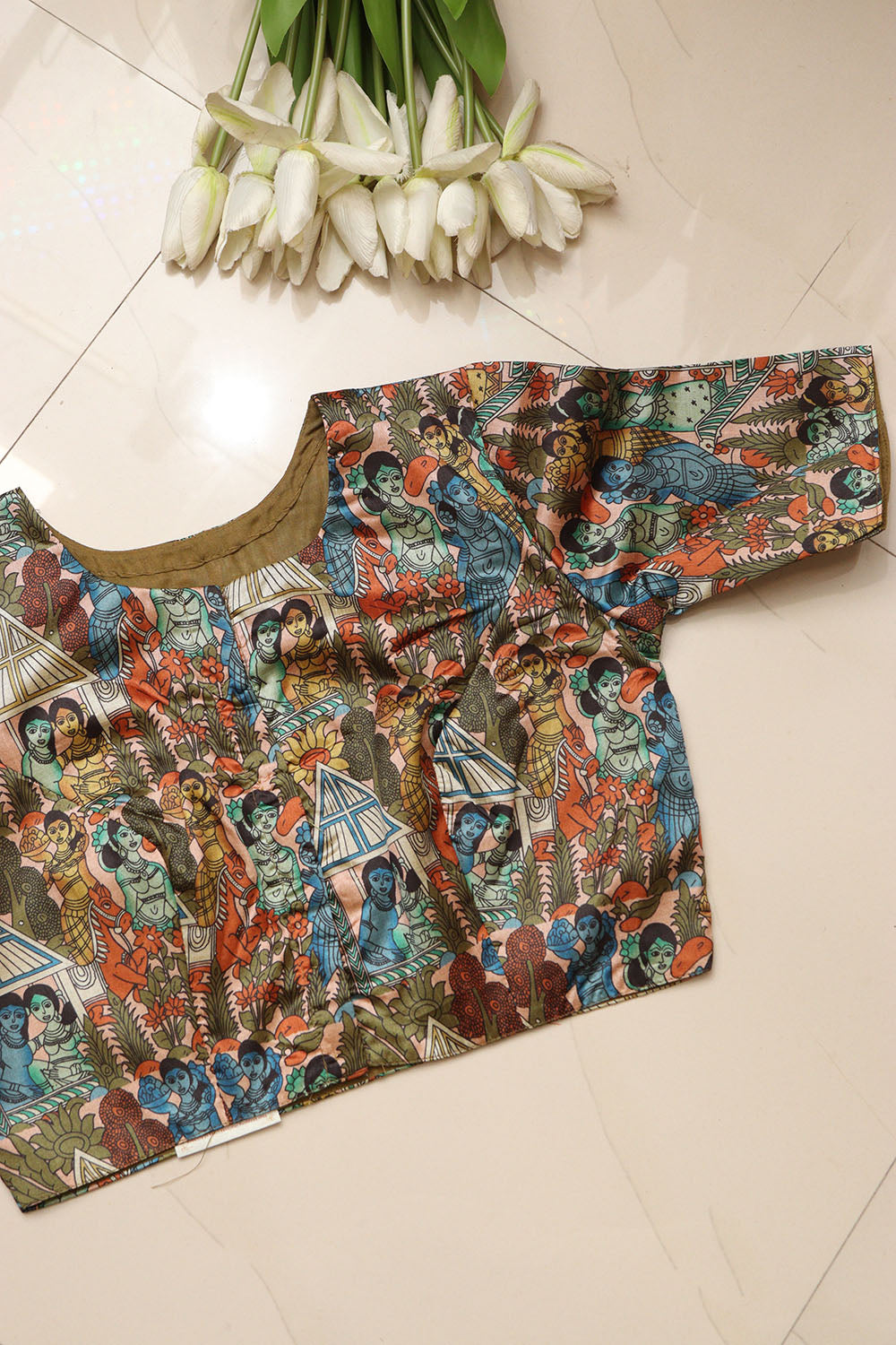 Multicolor Digital Printed Kalamkari Tussar Silk Blouse - Luxurion World