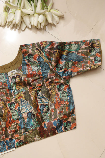 Multicolor Digital Printed Kalamkari Tussar Silk Blouse - Luxurion World