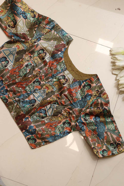 Multicolor Digital Printed Kalamkari Tussar Silk Blouse - Luxurion World