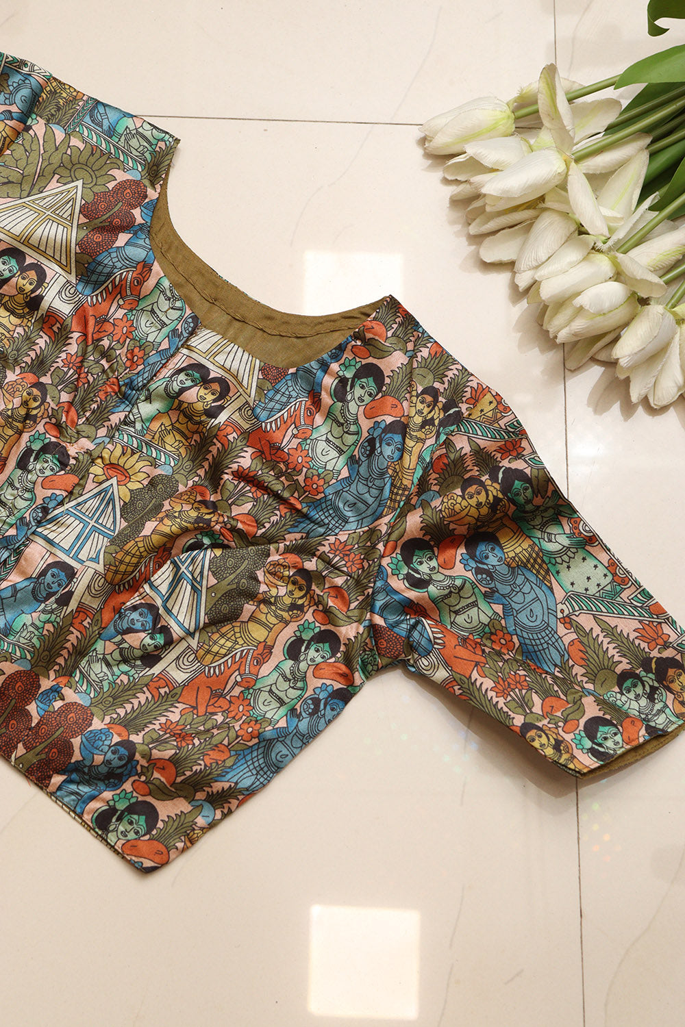 Multicolor Digital Printed Kalamkari Tussar Silk Blouse - Luxurion World