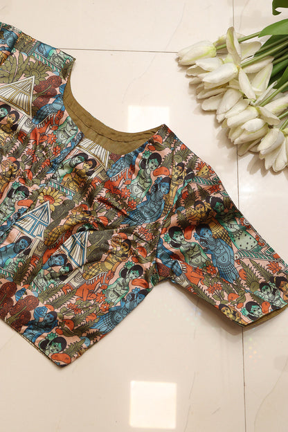 Multicolor Digital Printed Kalamkari Tussar Silk Blouse - Luxurion World