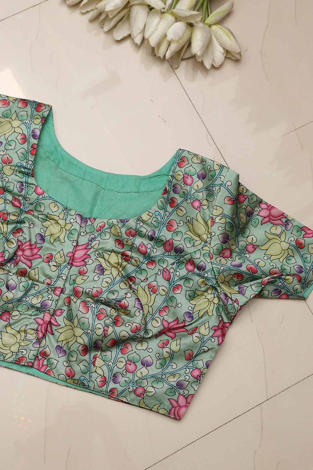 Stunning Green Digital Printed Kalamkari Tussar Silk Blouse - Luxurion World