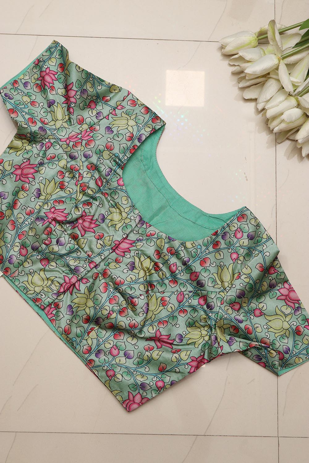 Stunning Green Digital Printed Kalamkari Tussar Silk Blouse - Luxurion World