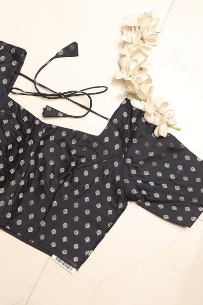 Elegant Black Banarasi Silk Small Booti Design Non Padded Blouse - Luxurion World