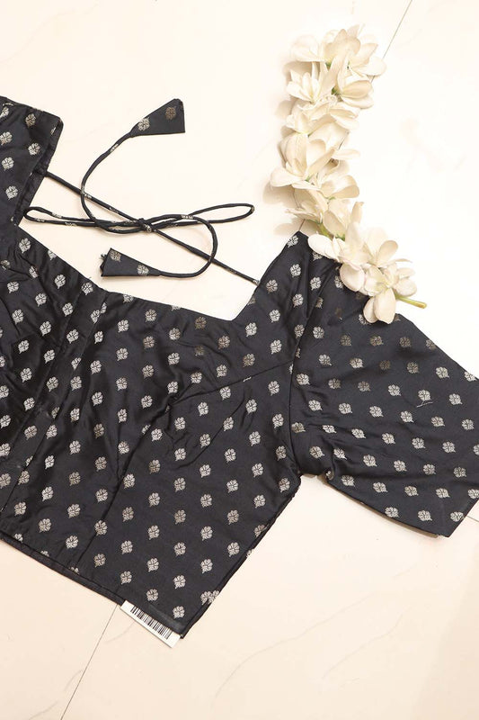 Elegant Black Banarasi Silk Small Booti Design Non Padded Blouse - Luxurion World