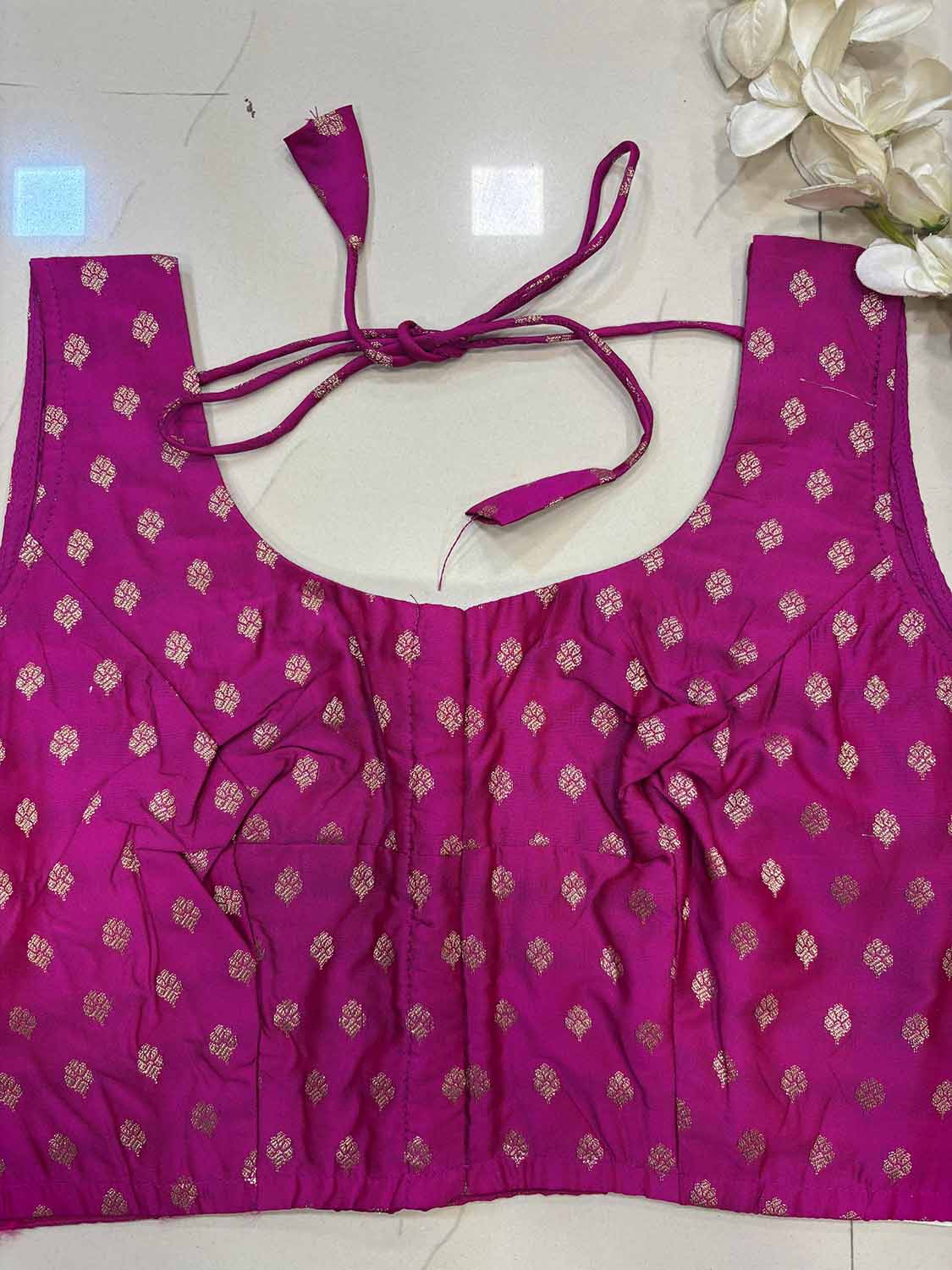 Elegant Pink Banarasi Silk Small Booti Design Non Padded Blouse - Luxurion World