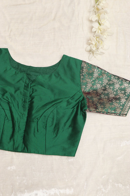 Elegant Green Plain Silk Non Padded Blouse With Banarasi Border - Luxurion World