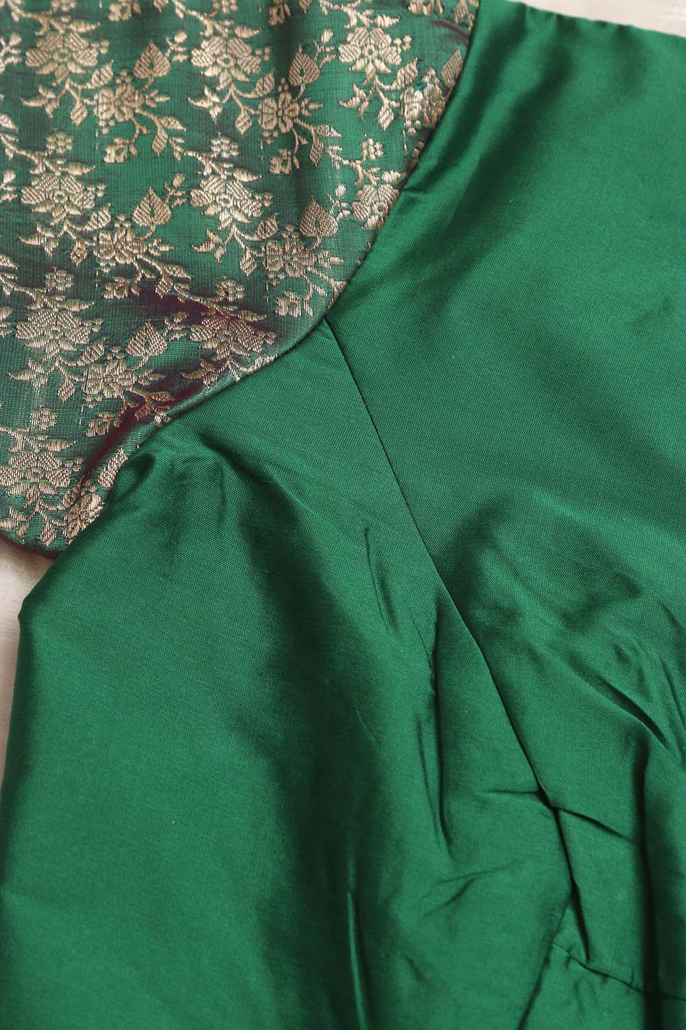 Elegant Green Plain Silk Non Padded Blouse With Banarasi Border - Luxurion World