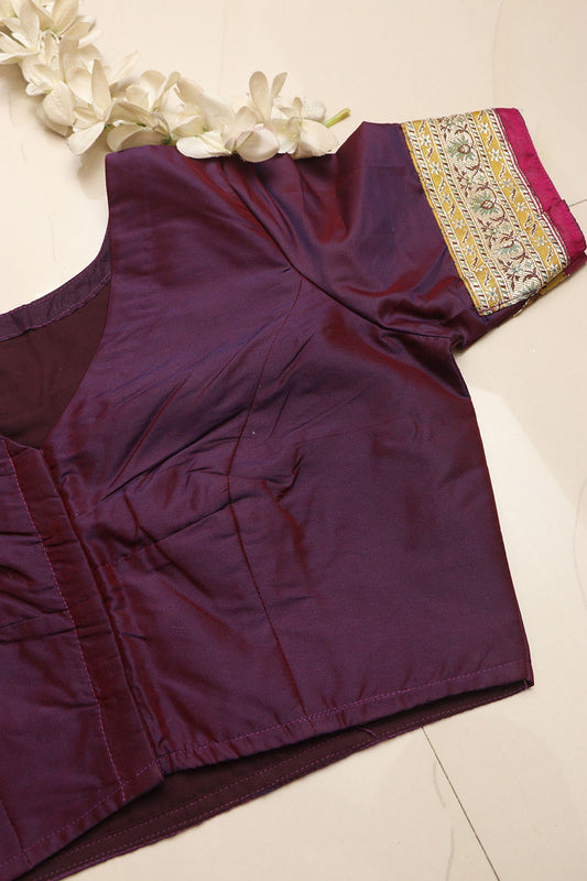 Elegant Purple Plain Silk Non Padded Blouse With Vintage Banarasi Border - Luxurion World