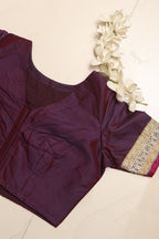 Elegant Purple Plain Silk Non Padded Blouse With Vintage Banarasi Border - Luxurion World