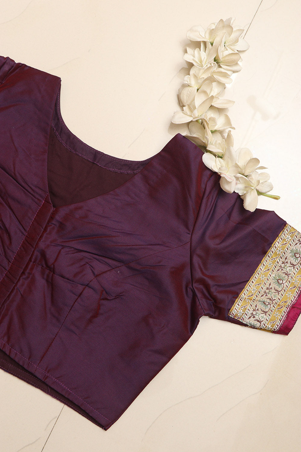 Elegant Purple Plain Silk Non Padded Blouse With Vintage Banarasi Border - Luxurion World